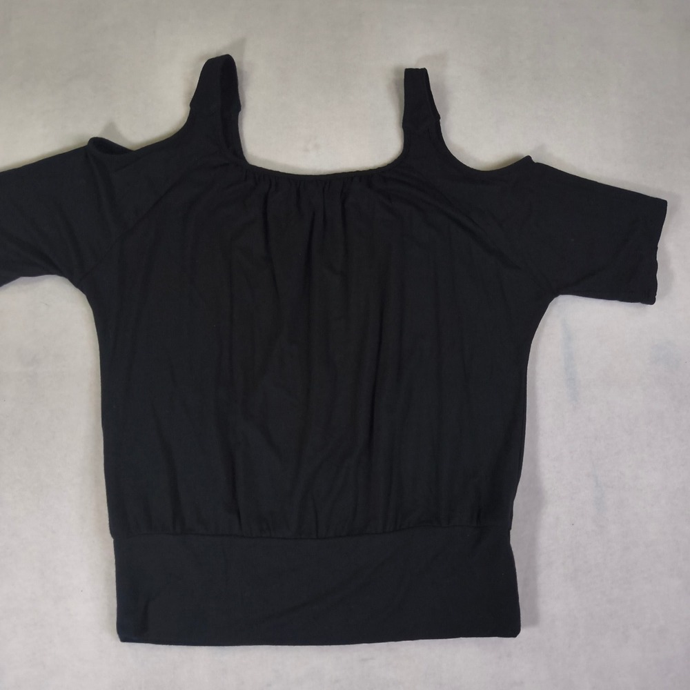 Boston Proper Black Cold Shoulder Banded Hem Blouson Top Size M USA Made - Picture 9 of 9
